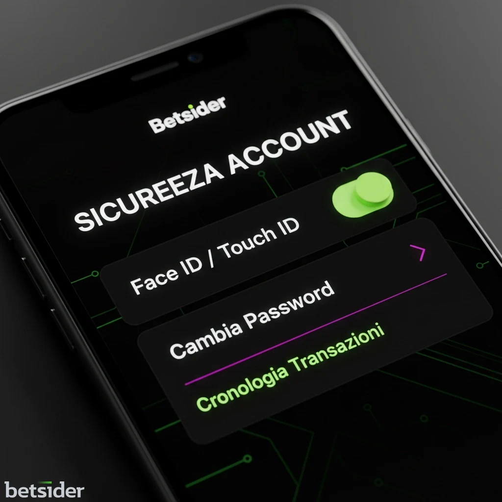 Schermata dell'app Betsider che mostra le impostazioni di sicurezza dell'account, inclusa l'opzione per l'accesso biometrico.