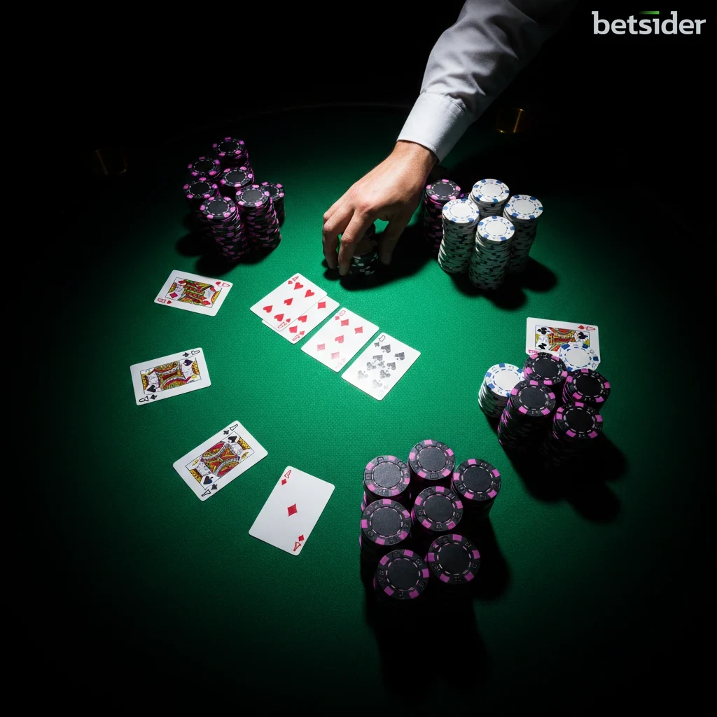 Vista dall'alto di un tavolo da blackjack verde con carte da gioco e fiches colorate