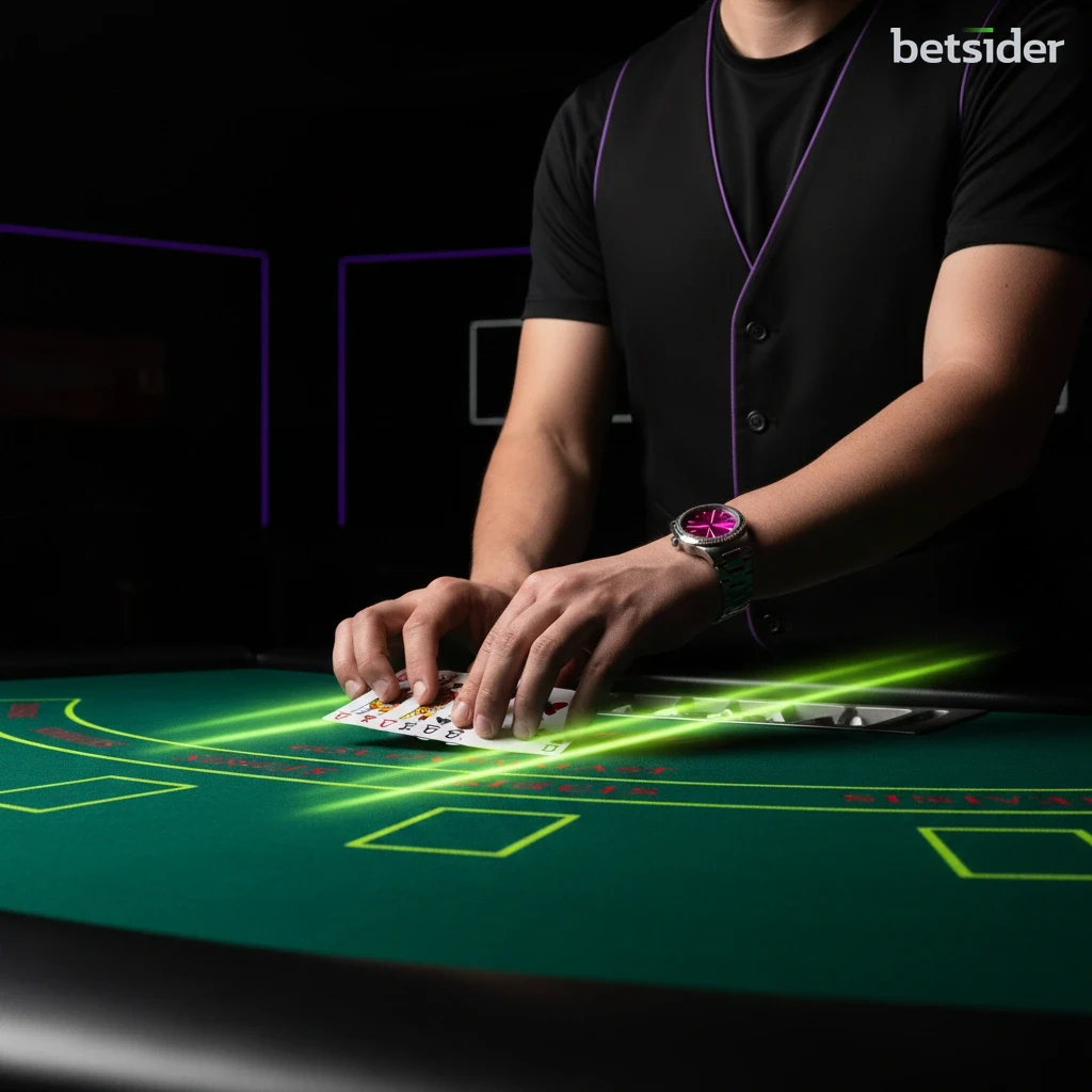 Le mani di un croupier che distribuisce le carte su un tavolo da blackjack verde