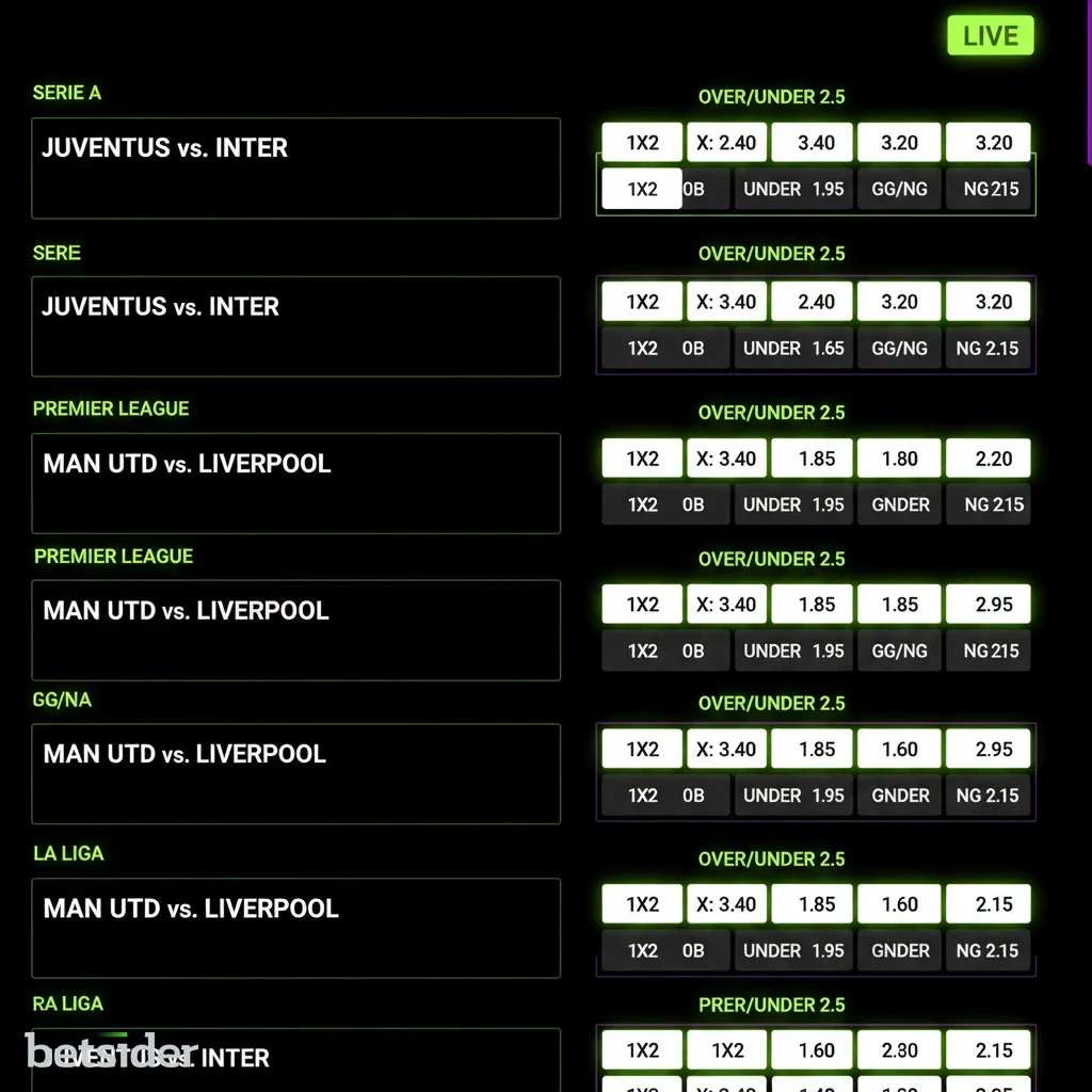 Interfaccia delle scommesse sul calcio di Betsider con quote e mercati