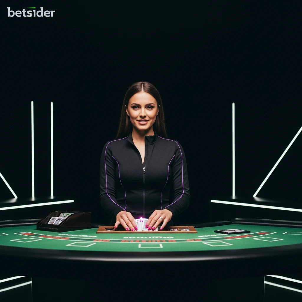 Croupier dal vivo che gestisce un tavolo nel casinò live di Betsider in streaming HD.