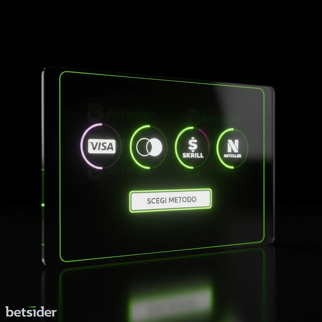 Schermata della cassa di Betsider che mostra le opzioni di deposito come carte di credito e portafogli elettronici.